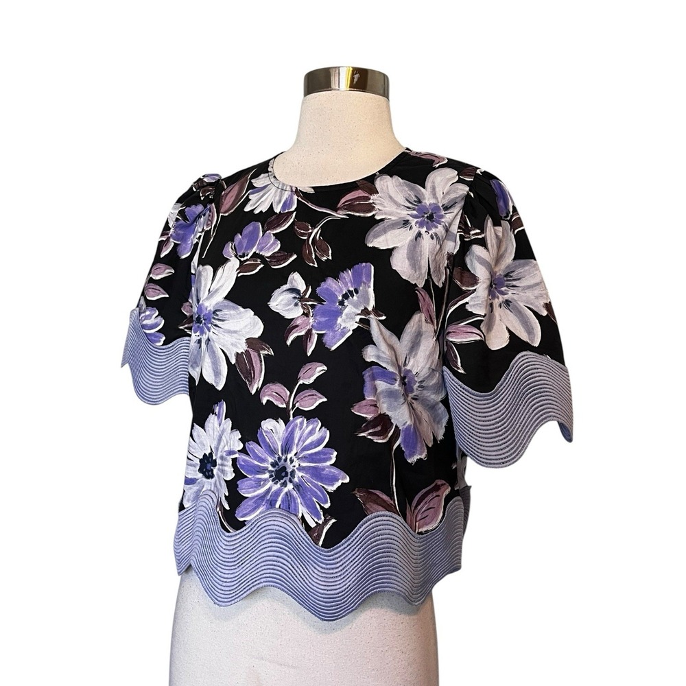 Entro Top Medium Purple Floral Print Wavy Trim Boho Ouse